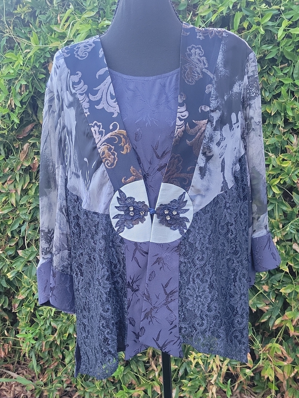 Vintage Violet Kay Two Piece Layered Lace & Jacquard Patchwork Kimono & Tank XL